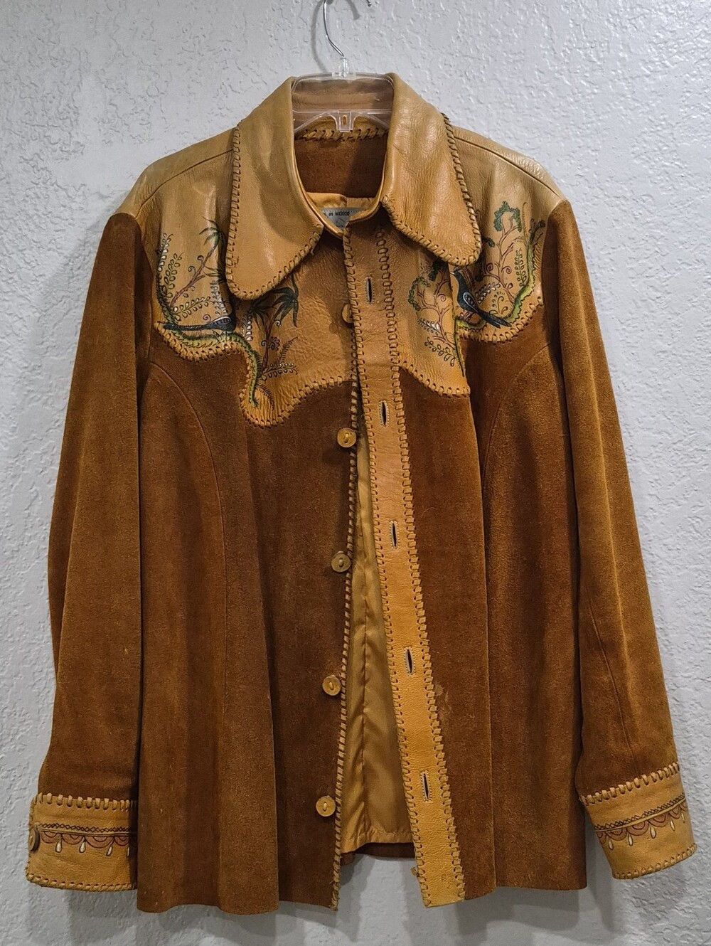 Vtg 70s Char Leather Jacket Mens XL Hand Painted Owl Design Western Suede